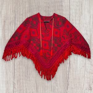 Vintage 1970s Red Folk Tapestry V-Neck Poncho Cape Fringe Tassels Hippie Art EUC